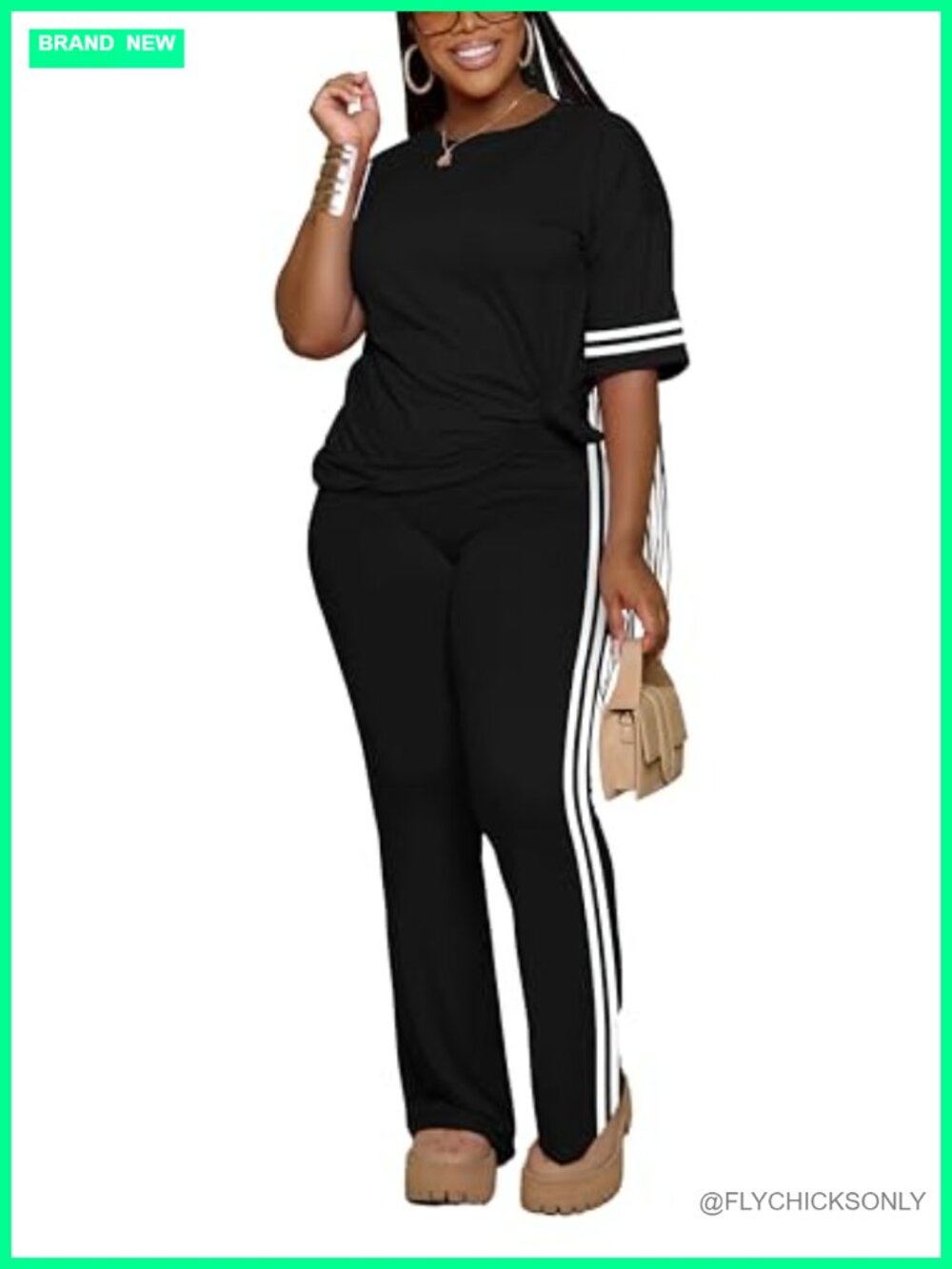 Women's 2 Piece Tracksuit Lounge Set with Striped Flare Pants - Picture 4 of 6